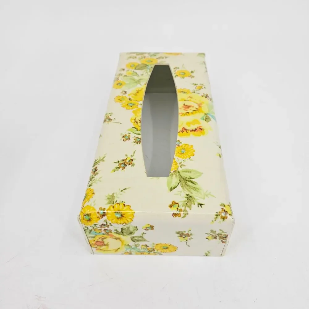 Vintage 60s Plastic Tissue Box Cover White Yellow Flowers MCM Flower Cottagecore
